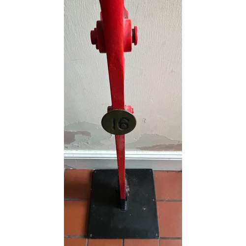 1410 - Railway Signal Box Lever mounted on base plate with brass plaque number 16. Painted red and black 12... 