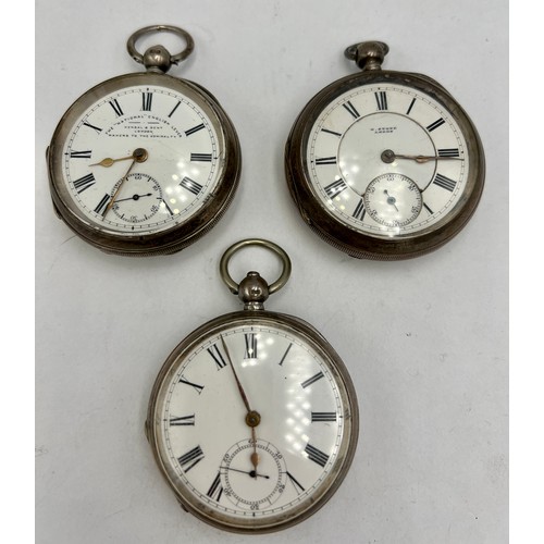 727 - Three 19thC silver cased pocket watches to include Chester 1893, with seconds dial and H Stone Leeds... 