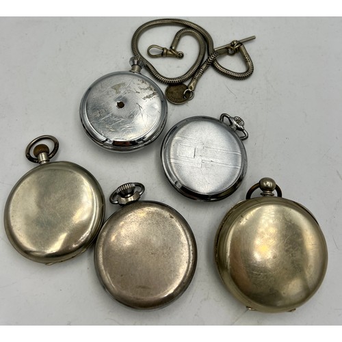 729 - Five various silver plated and chrome pocket watches to include Smiths, Kienzle  etc.