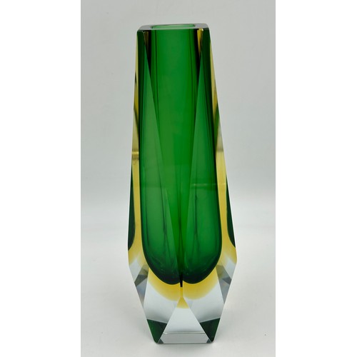 500 - Murano Sommerso faceted glass vase with green & amber colour 29cm h.