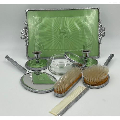 1406 - A miscellany to include a Green 8-piece Art Deco Dressing Table Set, 2 x Gilt needlepoint Candle hol... 