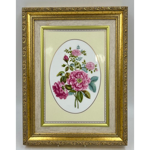 394 - Four framed hand painted ceramic pictures from The Royal Worcester Collection 1988 to include Damask... 