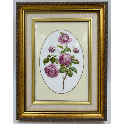 394 - Four framed hand painted ceramic pictures from The Royal Worcester Collection 1988 to include Damask... 