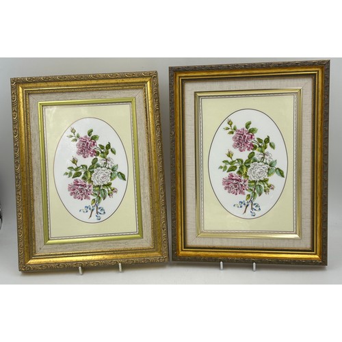 394 - Four framed hand painted ceramic pictures from The Royal Worcester Collection 1988 to include Damask... 