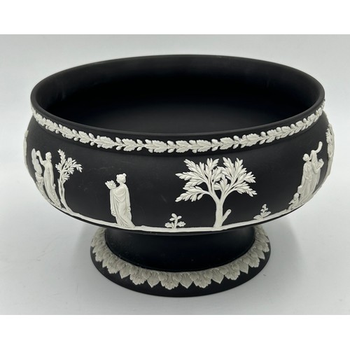 396 - Two Black Wedgwood Jasperware bowls, footed 13cm h x 19.5cm d and the other 9cm h x 19.5cm d along w... 