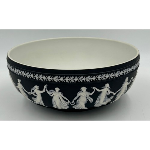 396 - Two Black Wedgwood Jasperware bowls, footed 13cm h x 19.5cm d and the other 9cm h x 19.5cm d along w... 