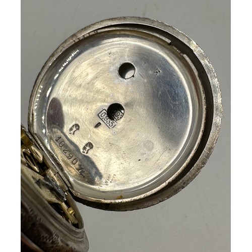 877 - A Continental silver pocket watch 4cm diameter, together with a hallmarked silver fob chain, marks i... 