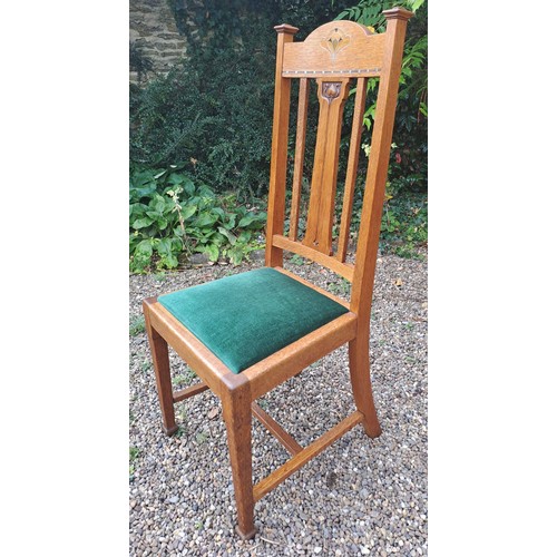 27 - A set of eight Shapland & Petter oak inlaid dining chairs, six single and two carvers. 110cm h x 39c... 