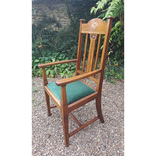 27 - A set of eight Shapland & Petter oak inlaid dining chairs, six single and two carvers. 110cm h x 39c... 