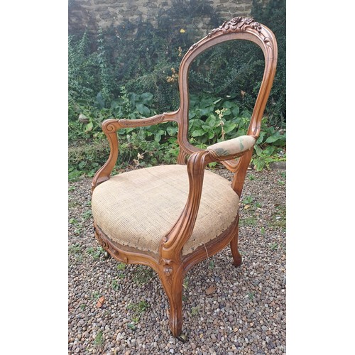 28 - Seven late 18thC French walnut salon chairs with carved roses. One chair with arms. 89cm h x 49cm w ... 