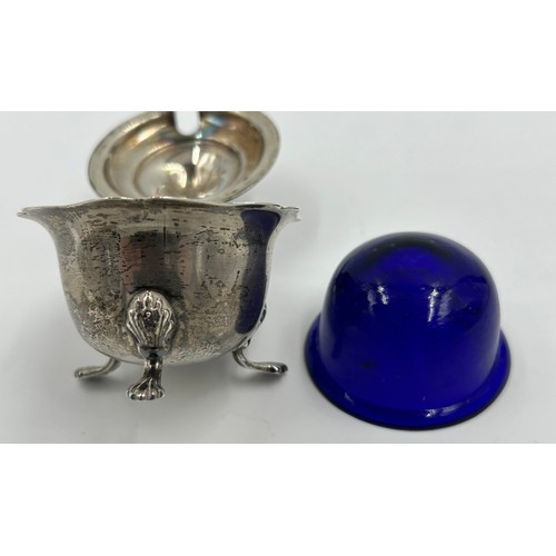 875 - Three Silver Salt Cellars engraved with J and a spoon by Charles Edwards London 1907, a Mustard Pot ... 