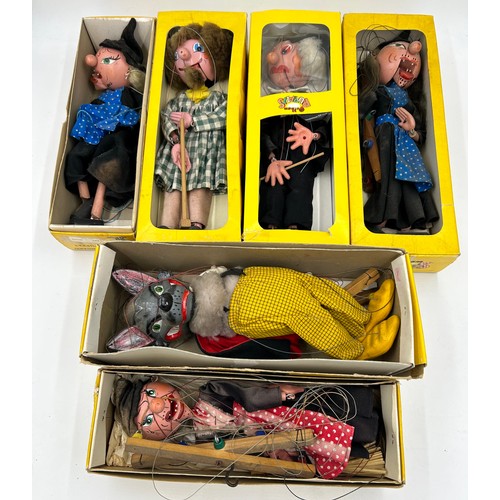 1310 - Five vintage Pelham Puppets with moveable jaws to include SM5 Schoolmaster, SL10 Wicked Witch, Witch... 