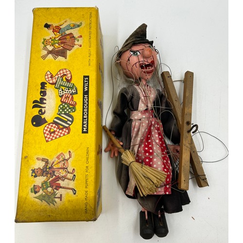 1310 - Five vintage Pelham Puppets with moveable jaws to include SM5 Schoolmaster, SL10 Wicked Witch, Witch... 