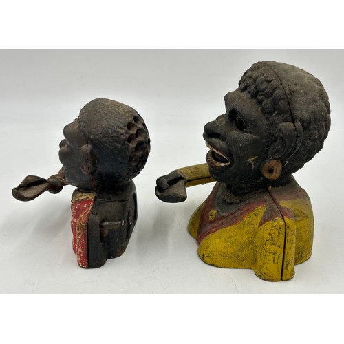 1429 - Two late 19thC Cast Iron Money Boxes 'Dinah' 16cm and smaller Man 13cm both with moving eyes and han... 