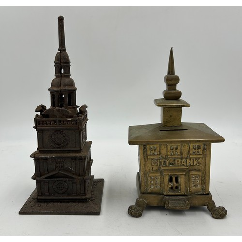 1430 - Two early 20thC metal Money boxes to include Cast Iron 'Tower Bank' with bell in tower and screw ope... 