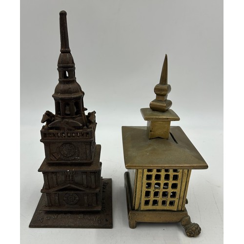 1430 - Two early 20thC metal Money boxes to include Cast Iron 'Tower Bank' with bell in tower and screw ope... 