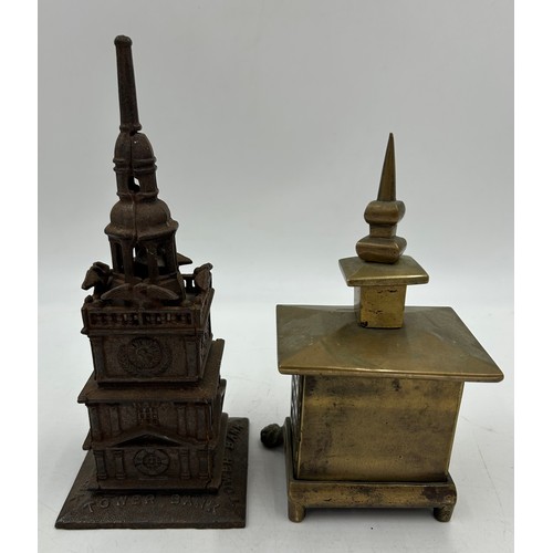 1430 - Two early 20thC metal Money boxes to include Cast Iron 'Tower Bank' with bell in tower and screw ope... 