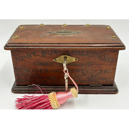 1432 - A miscellany of items to include a 19thC Commercial Travellers Oak Money Box with two keys and openi... 