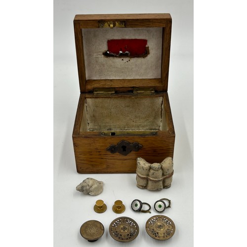 1432 - A miscellany of items to include a 19thC Commercial Travellers Oak Money Box with two keys and openi... 