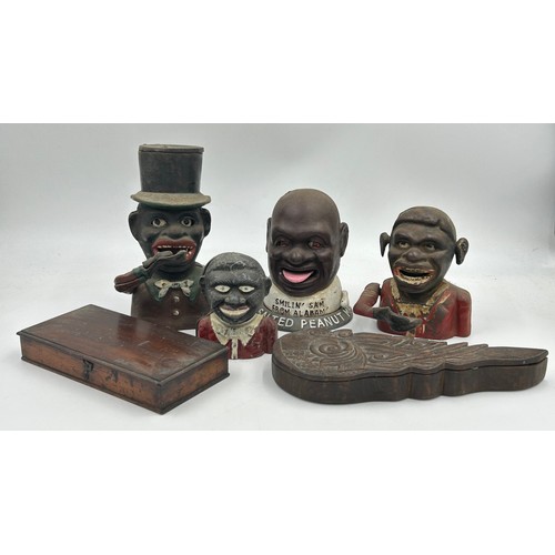 1422 - A collection of cast iron Novelty Money Boxes to include Salted Peanut Man, Top Hat Man and others a... 