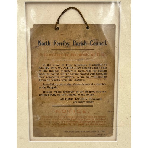 1068 - A miscellaneous lot to include a framed bag 1937 fire instructions from North Ferriby Parish Council... 