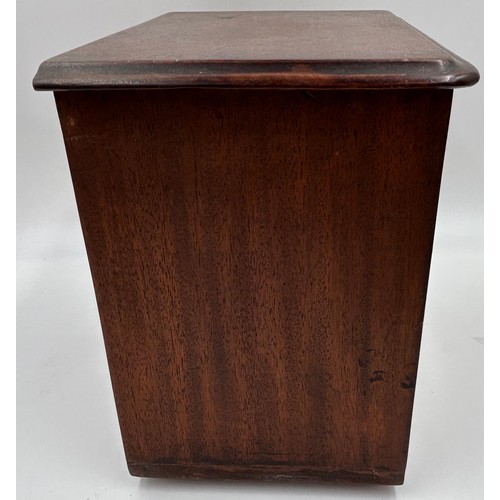 1064 - A mahogany apprentice 3 drawer chest measuring 24cm h along with a oak box with dome tambour with en... 