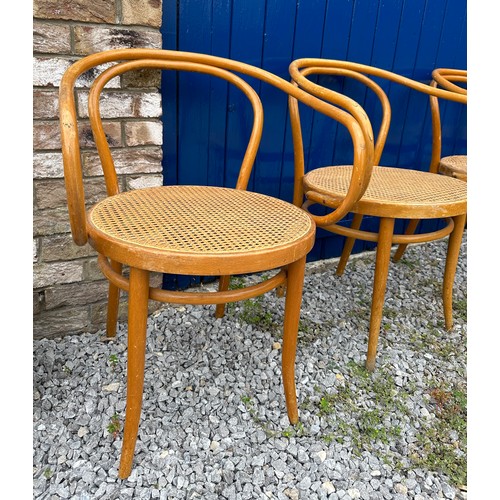 29 - A set of four vintage 1960's bentwood dining chairs by Thonet for Ligna, Czechoslovakia with rattan ... 