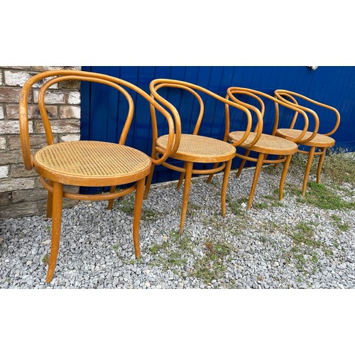 29 - A set of four vintage 1960's bentwood dining chairs by Thonet for Ligna, Czechoslovakia with rattan ... 