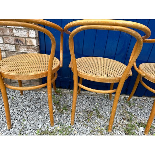 29 - A set of four vintage 1960's bentwood dining chairs by Thonet for Ligna, Czechoslovakia with rattan ... 