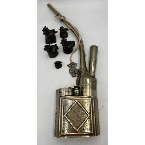 1012 - Chinese opium pipe and five opium weights.