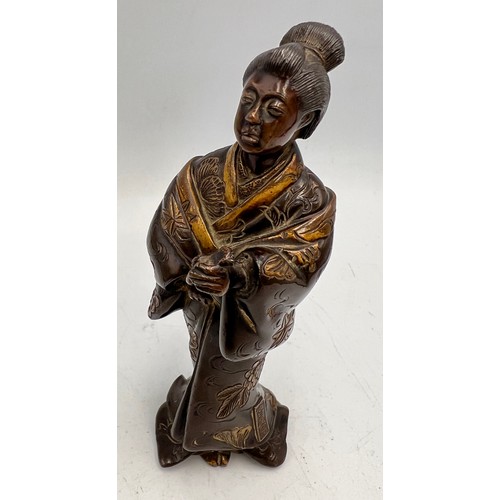 1016 - Japanese Miyao parcel gilt and lacquer bronze figure of a lady in a kimono. 12cm h.