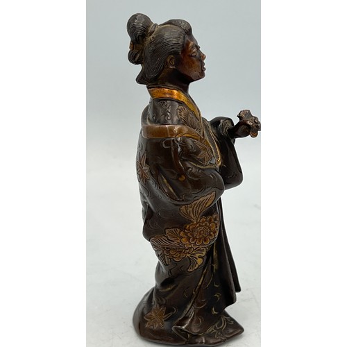 1016 - Japanese Miyao parcel gilt and lacquer bronze figure of a lady in a kimono. 12cm h.