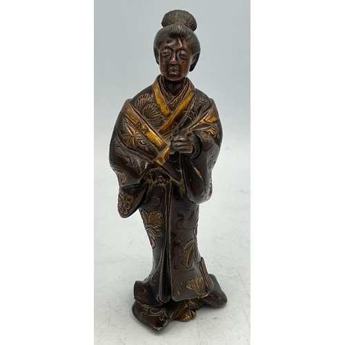 1016 - Japanese Miyao parcel gilt and lacquer bronze figure of a lady in a kimono. 12cm h.