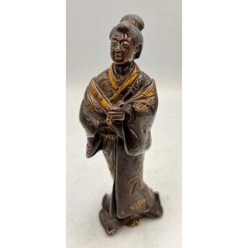 1016 - Japanese Miyao parcel gilt and lacquer bronze figure of a lady in a kimono. 12cm h.