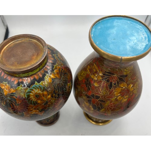 1023 - Two Chinese cloisonné vases in autumnal shades. Tallest 18cm h.