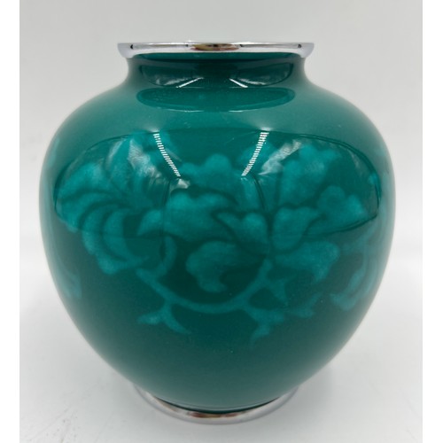 1024 - A Japanese Ando jade green wireless cloisonné vase. 13cm h.