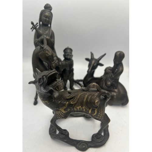 1041 - Three Japanese bronze figures. Tallest 19cm h.