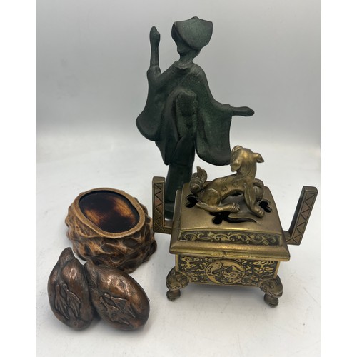 1046 - Japanese bronze, two ducks on wooden base, bronze figure of a lady in kimono 17cm h and a censor wit... 