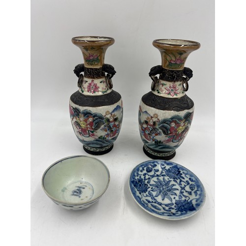 1051 - A pair of crackle glaze Chinese vases 25cm h, blue and white plate with mark to base 13.5cm d and a ... 