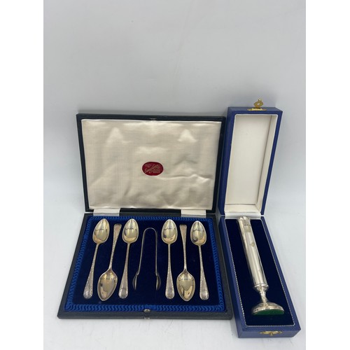 854 - Set of six boxed silver spoons and sugar tongs Sheffield 1919 together with a boxed silver specimen ... 