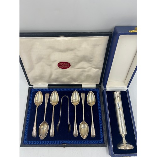 854 - Set of six boxed silver spoons and sugar tongs Sheffield 1919 together with a boxed silver specimen ... 