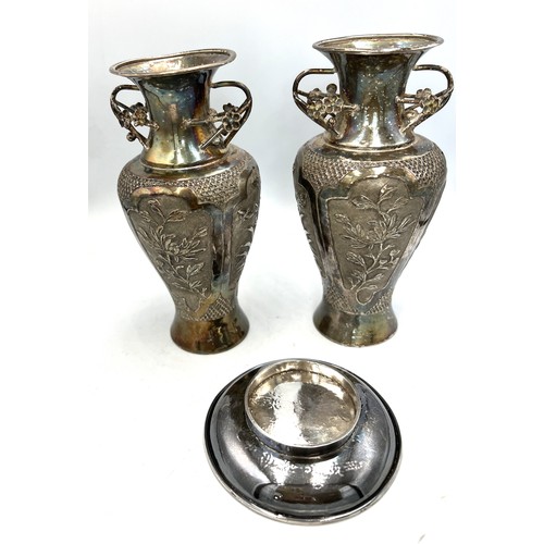 859 - A pair of unmarked white metal Japanese vases 16cm h and an oriental circular dish.