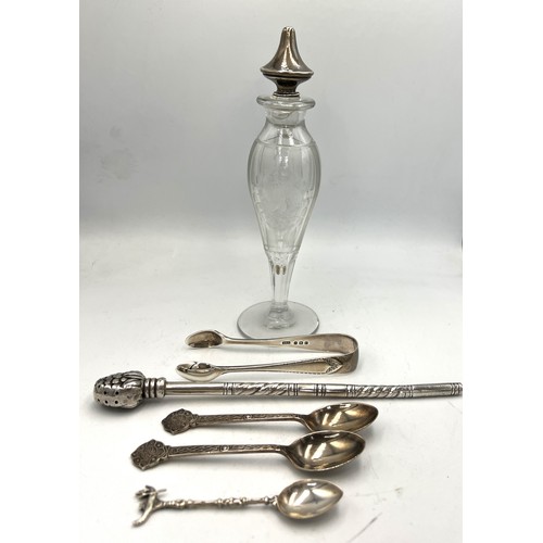 860 - Miscellaneous silver to include American sterling silver topped scent bottle, hallmarked silver suga... 