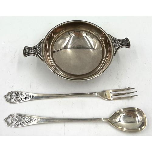 872 - Edinburgh silver quaich, 1965, maker Deakin & Francis together with a pickle fork and spoon, Edinbur... 