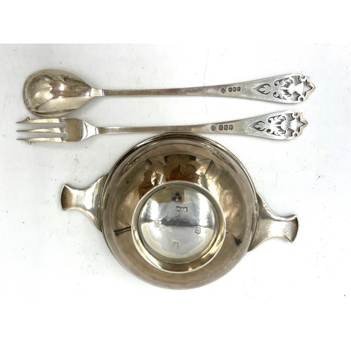 872 - Edinburgh silver quaich, 1965, maker Deakin & Francis together with a pickle fork and spoon, Edinbur... 