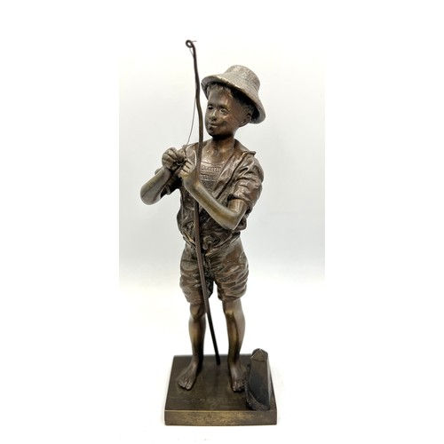 1418 - A 20thC French bronze boy hunter figure after Auguste Moreau with signature to base. 53cm h.