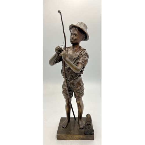 1418 - A 20thC French bronze boy hunter figure after Auguste Moreau with signature to base. 53cm h.