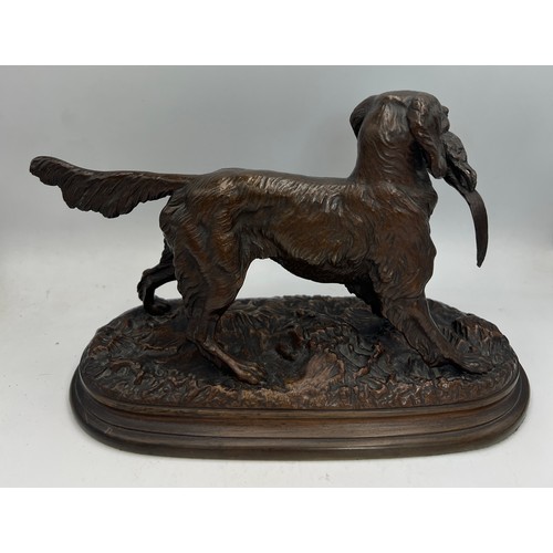 1419 - Animalier bronze, a setter with pheasant after Jules Moigniez. 20thC. 22cm l x 16cm h. With signatur... 