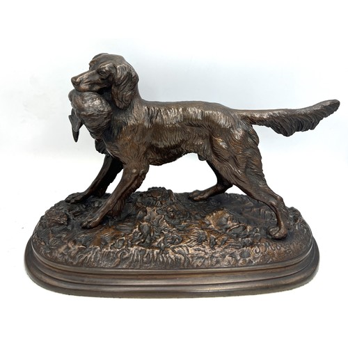 1419 - Animalier bronze, a setter with pheasant after Jules Moigniez. 20thC. 22cm l x 16cm h. With signatur... 