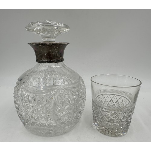 503 - A crystal decanter and stopper with silver collar together with 6 x Tudor crystal tumblers.